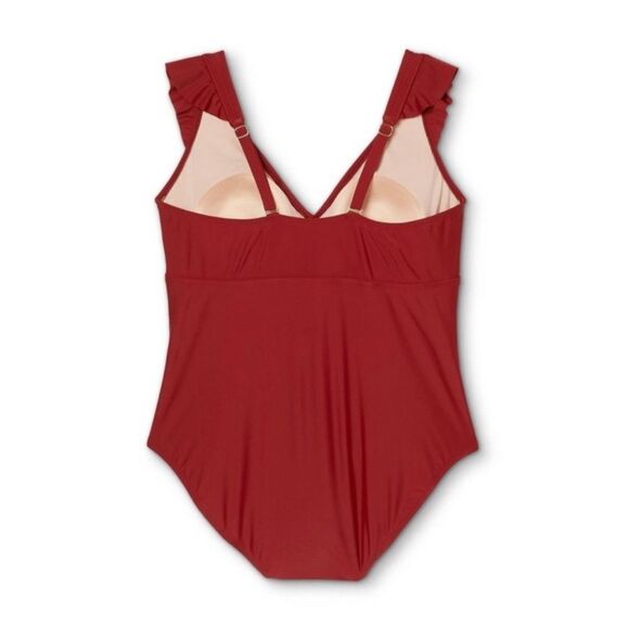 NWT Kona Sol One Piece Swimsuit Size 22W Brick Red Ruffle Strap Ruched Plus Size - Picture 3 of 16